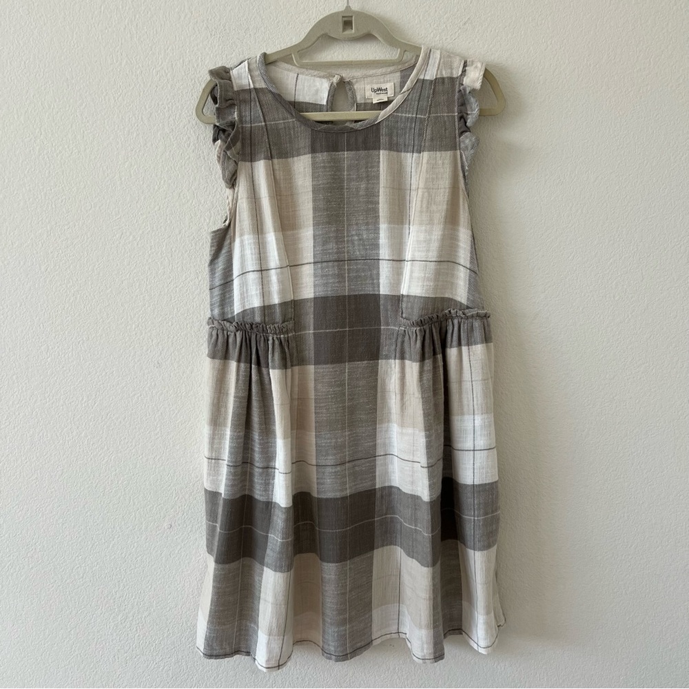 UpWest Plaid Flannel Babydoll Mini Dress Flutter Sleeve Beige Gray NWT Size M - Picture 7 of 15